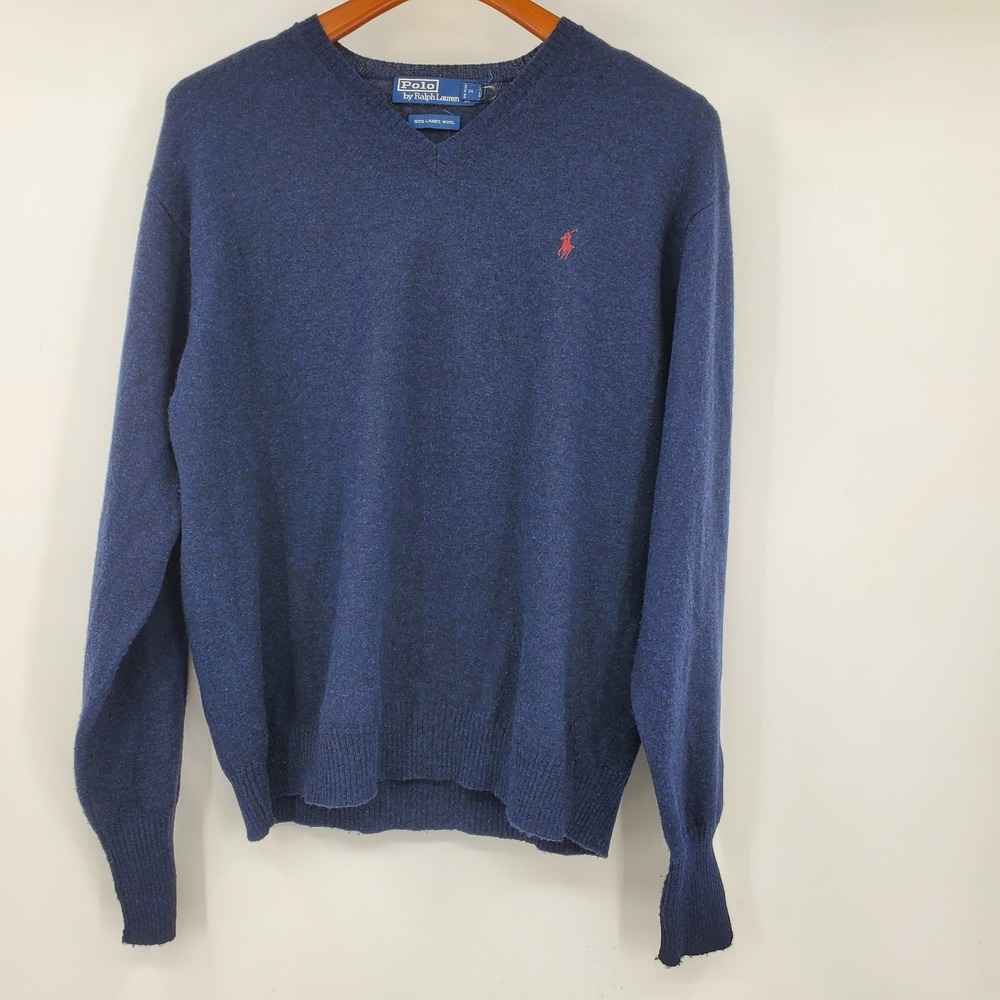 Vintage Polo Ralph Lauren Large Blue V-Neck Lambswool Sweater Pony Preppy Ivy